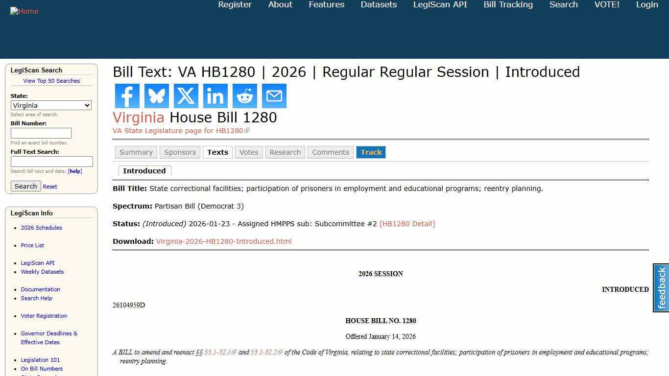 Bill Text: VA HB1280 2026 Regular Regular Session Introduced LegiScan